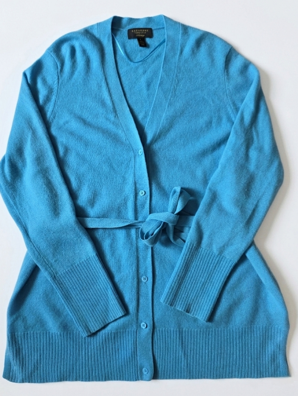 Charter Club 100% Cashmere Cardigan Sweater L Blue Tie Waist Belted Quiet Luxury